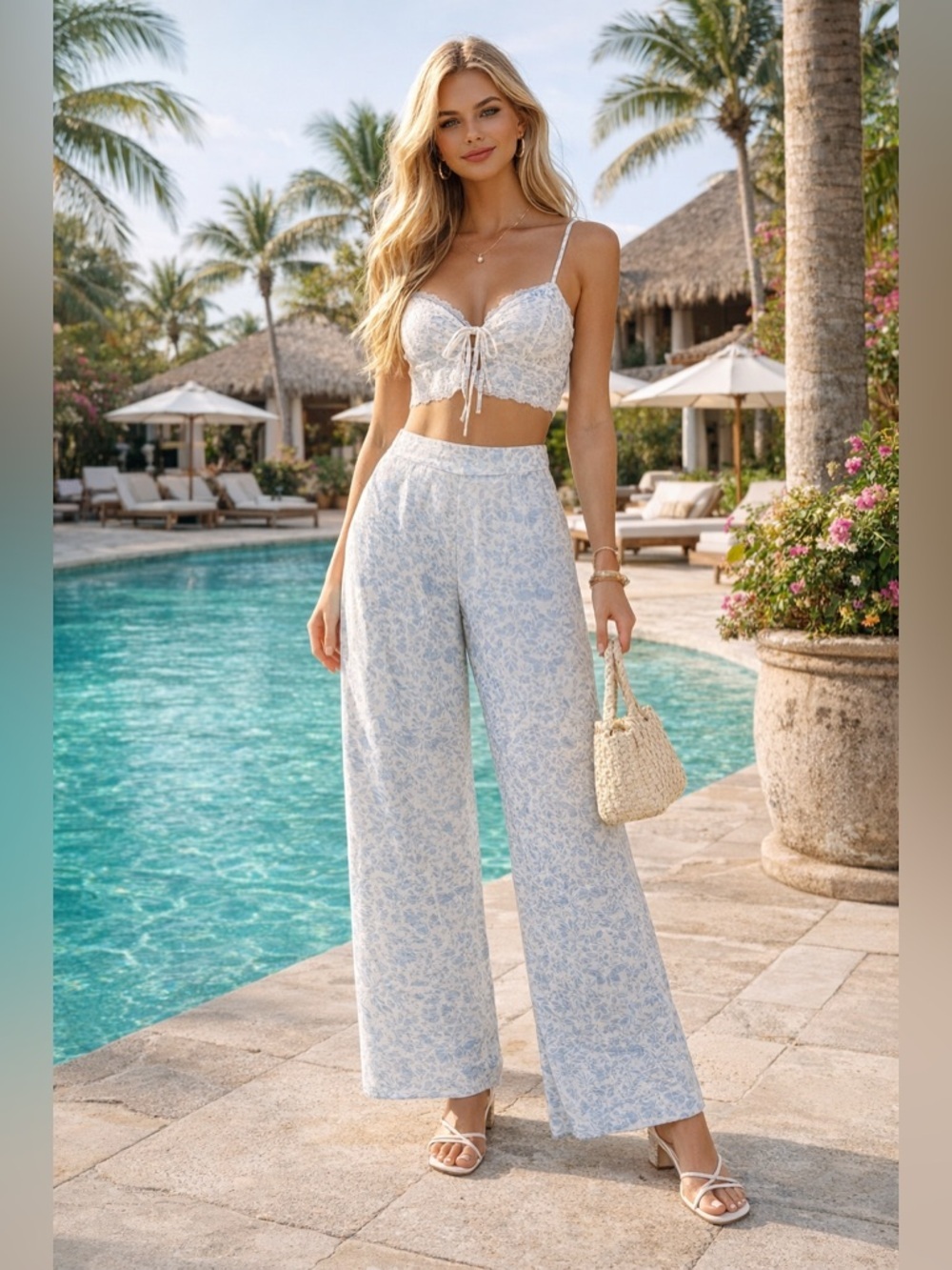 Agua Bendita Pale Blue Floral Wide-Leg Pants